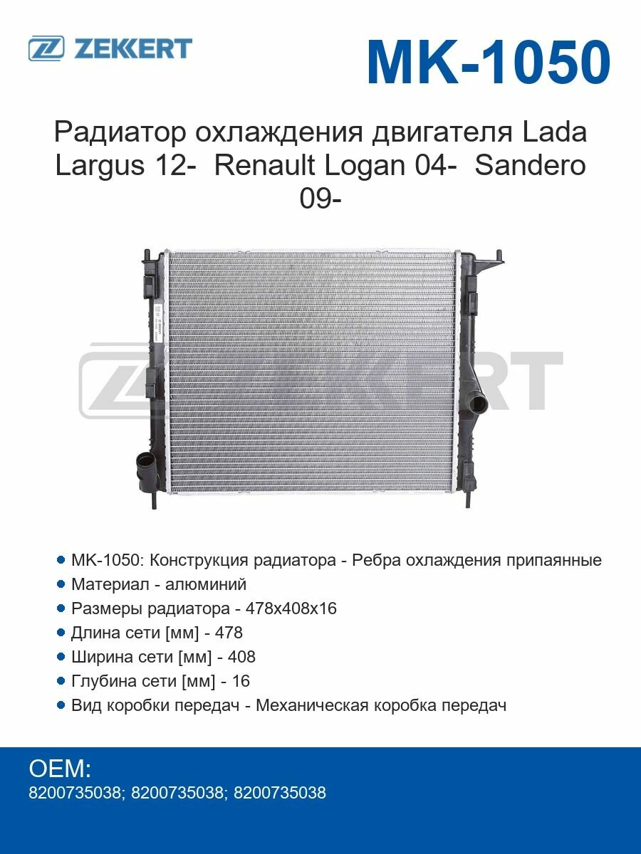 Zekkert Радиатор охлаждения двигателя Lada Largus с 2012 года Renault Logan с 2004 года Sandero с 2009 года
