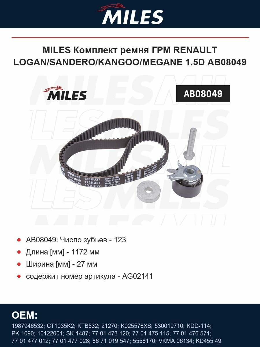 MILES Комплект ремня ГРМ RENAULT LOGAN/SANDERO/KANGOO/MEGANE 1.5D AB08049