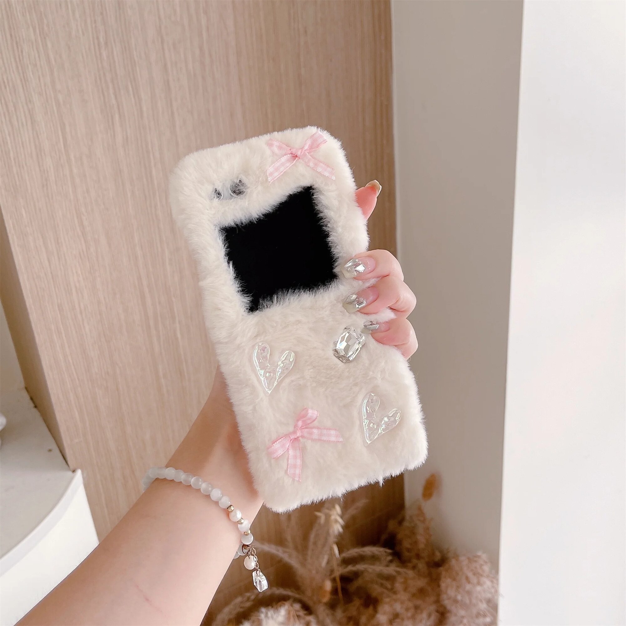 Женский розовый белый плюшевый чехол для телефона Samsung Galaxy Z Flip 5 4 3, for Z Flip 5, WHITE