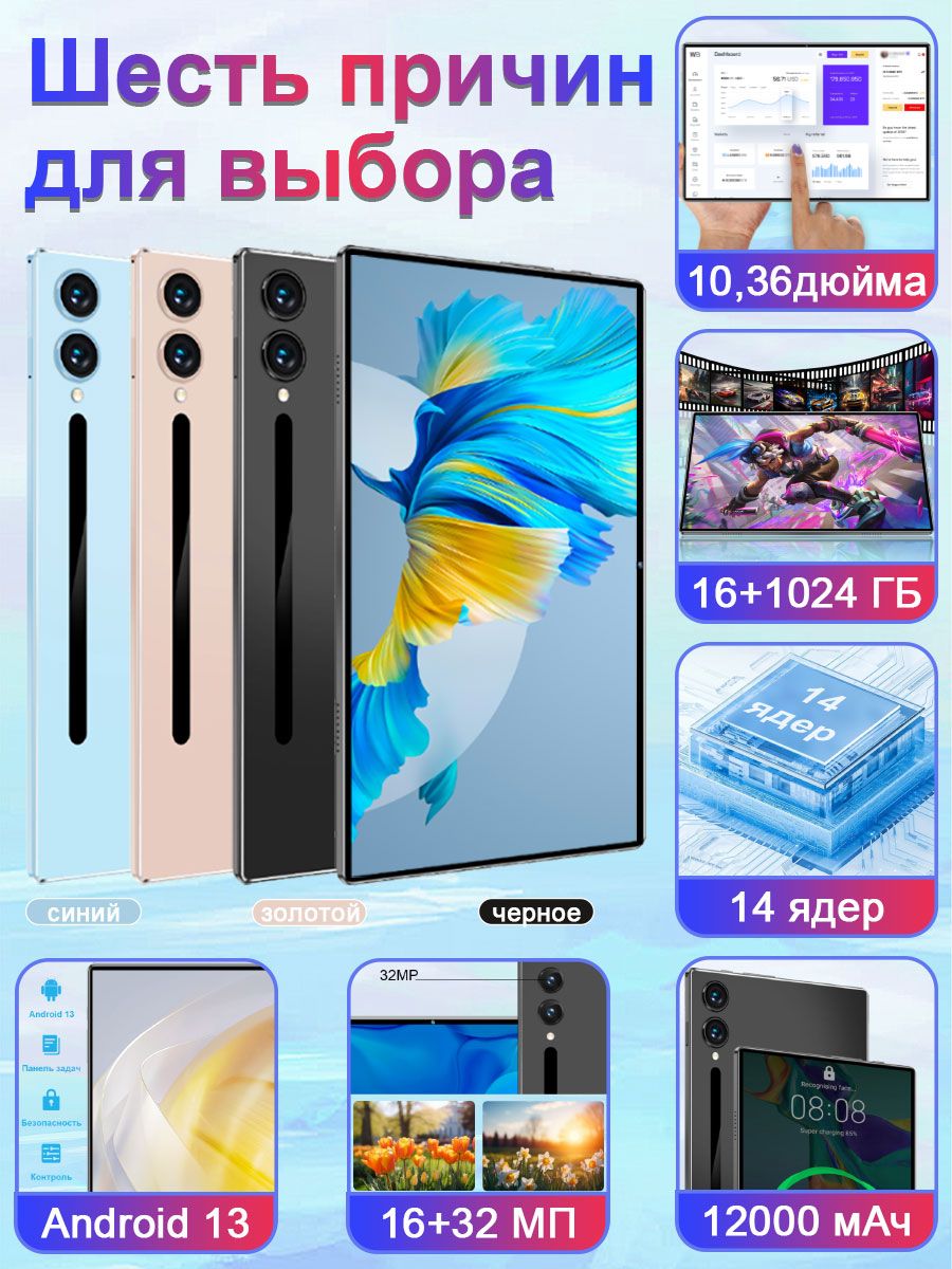 Планшет Планшет 2026 Новый 5G Android 13, 10.36" 16 ГБ +1 ТБ 12000mAh 14-Ядерный Процессор, Wi-Fi, Глобальная Сеть Бесплатно, Русская Bluetooth-Клавиатура, Планшет Защитная оболочка, Bluetooth-Гарнитура, Зарядное Устройство, Сенсорная Ручка, 10.36" 16 ГБ