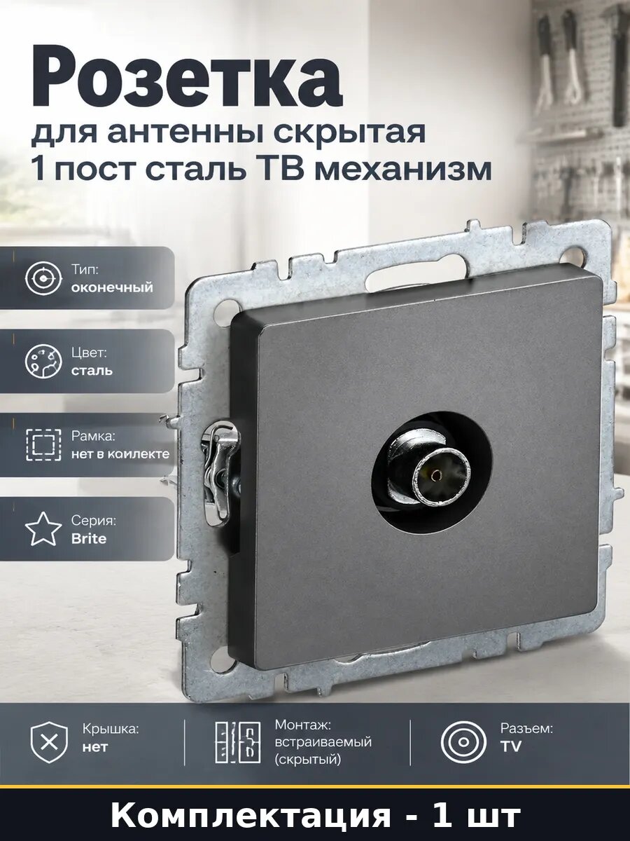 Розетка для антенны скрытая 1 пост сталь ТВ механизм