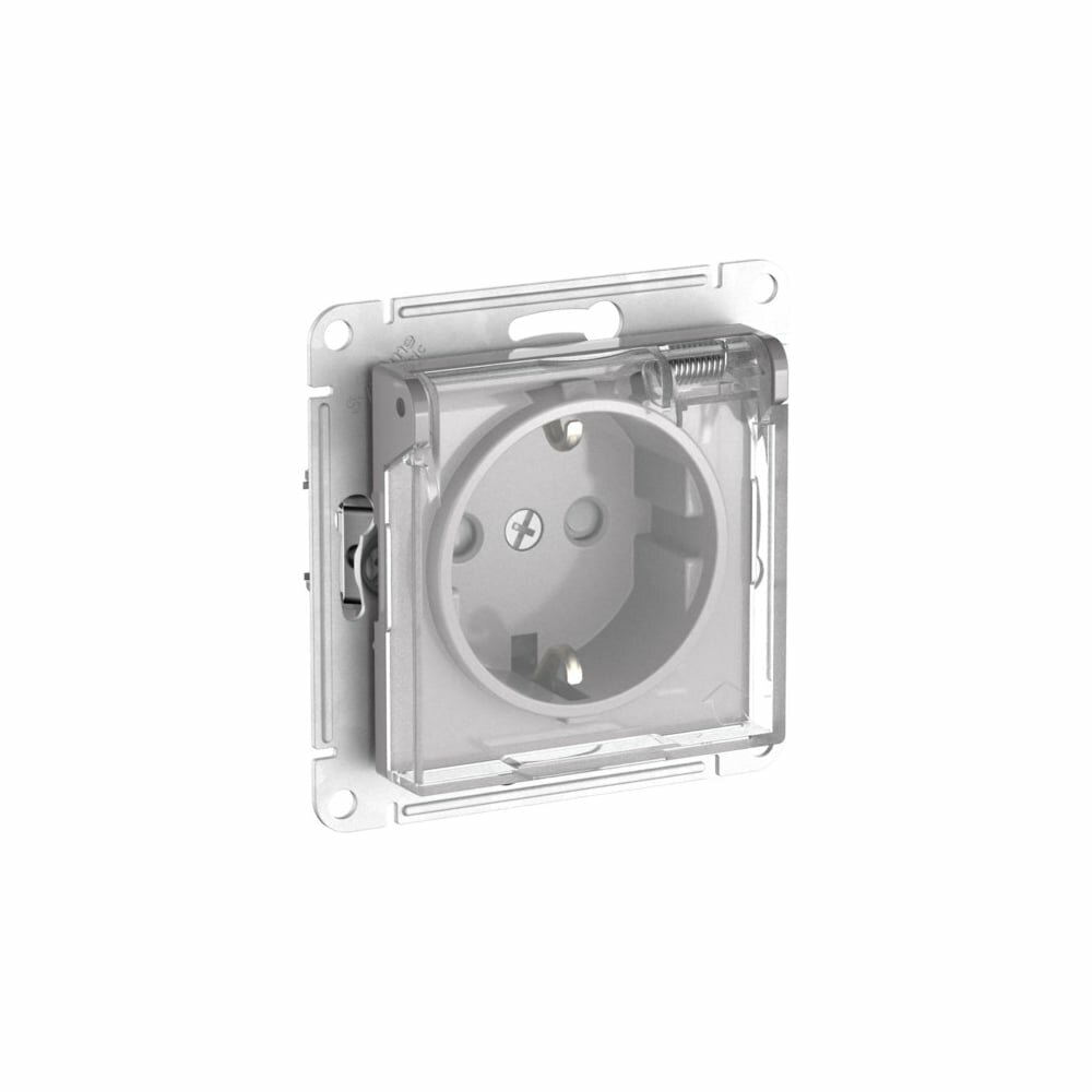 Розетка Systeme Electric ATLASDESIGN AQUA с заземлением, со шторками, с прозрач. крышкой, 16А, IP44, мех, быстрозажим. клем, Алюминий ATN440346S