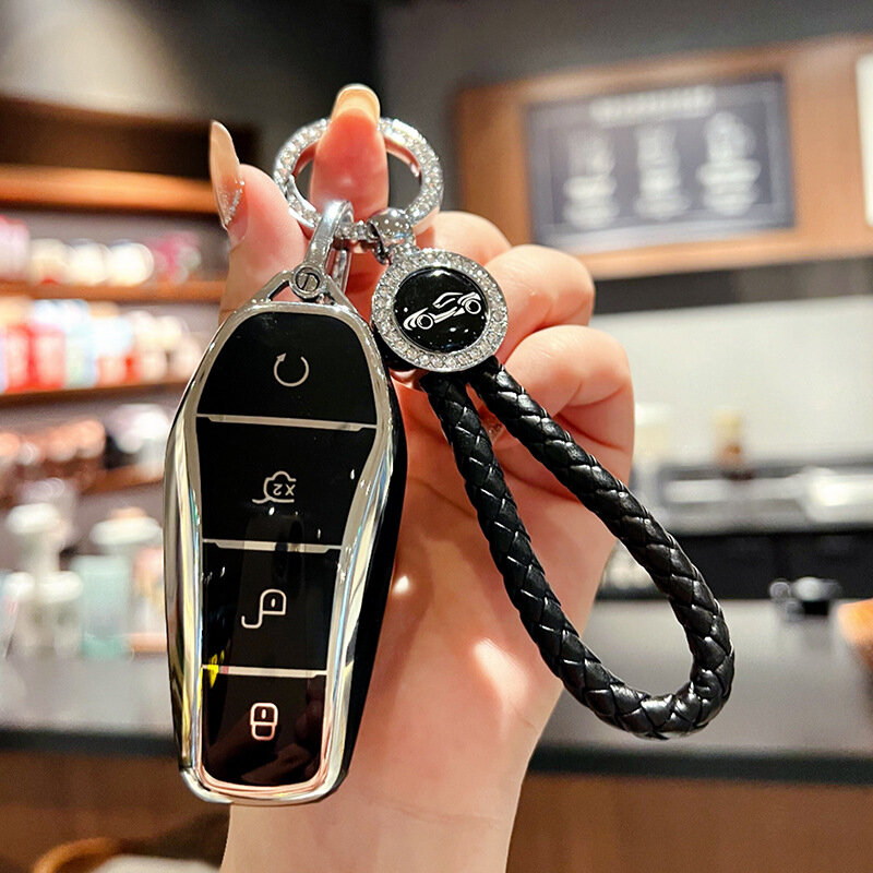 Чехол для ключа BYD Qin черный с маленьким автомобильным алмазным шнуром, автомобильный аксессуар