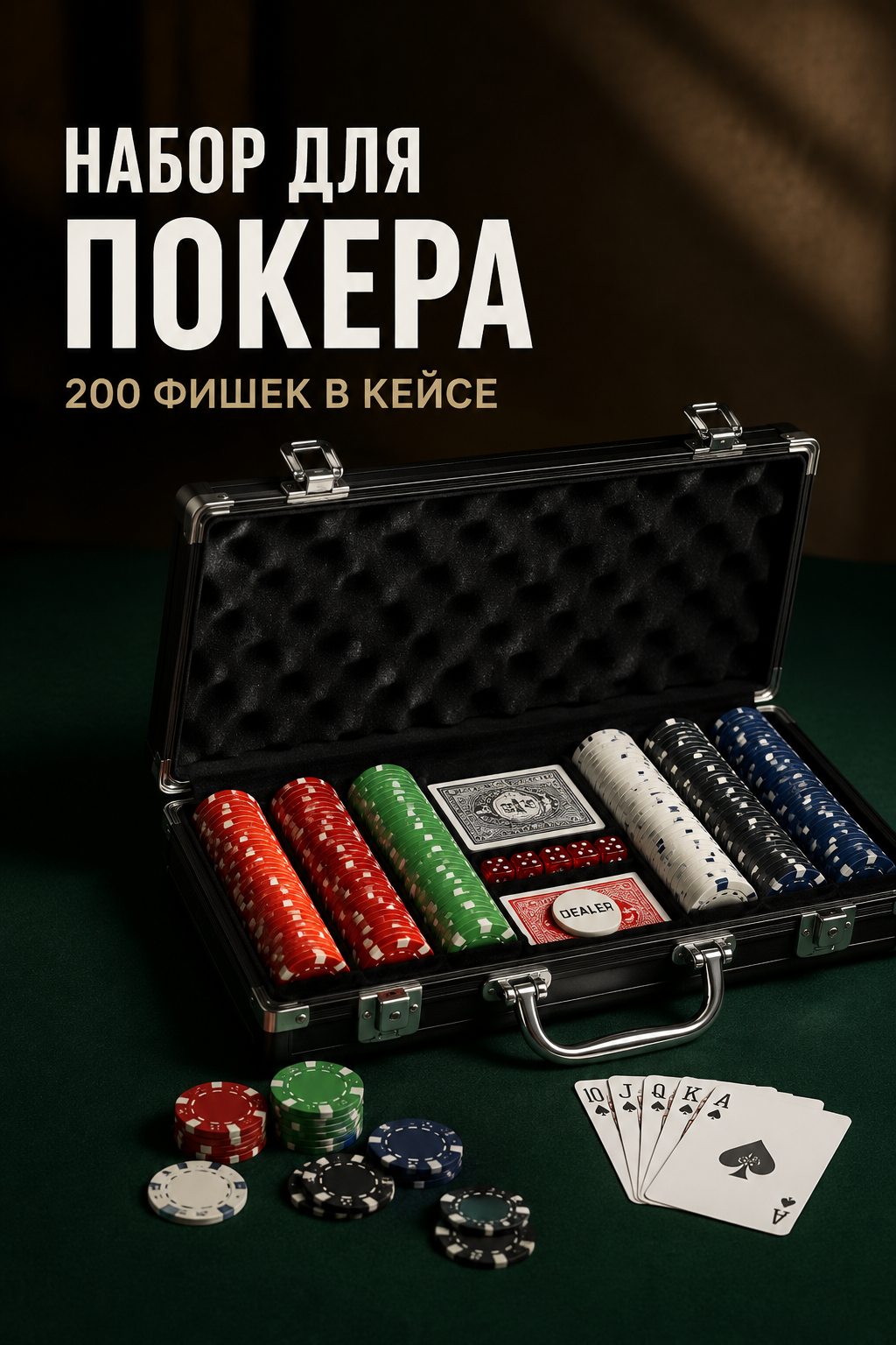 Набор для покера в кейсе, 200 фишек, черный