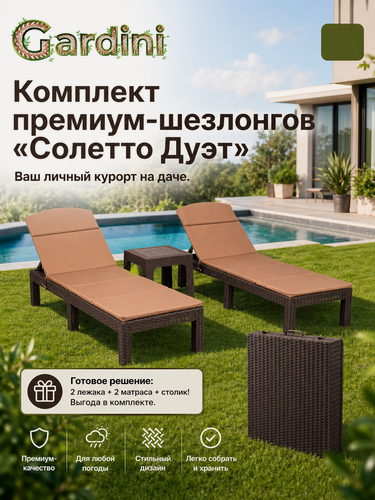 Изображение товара Комплект шезлонгов для дачи пластиковых складных Солетто Дуэт (2 лежака, 2 матраса, столик), шоколад