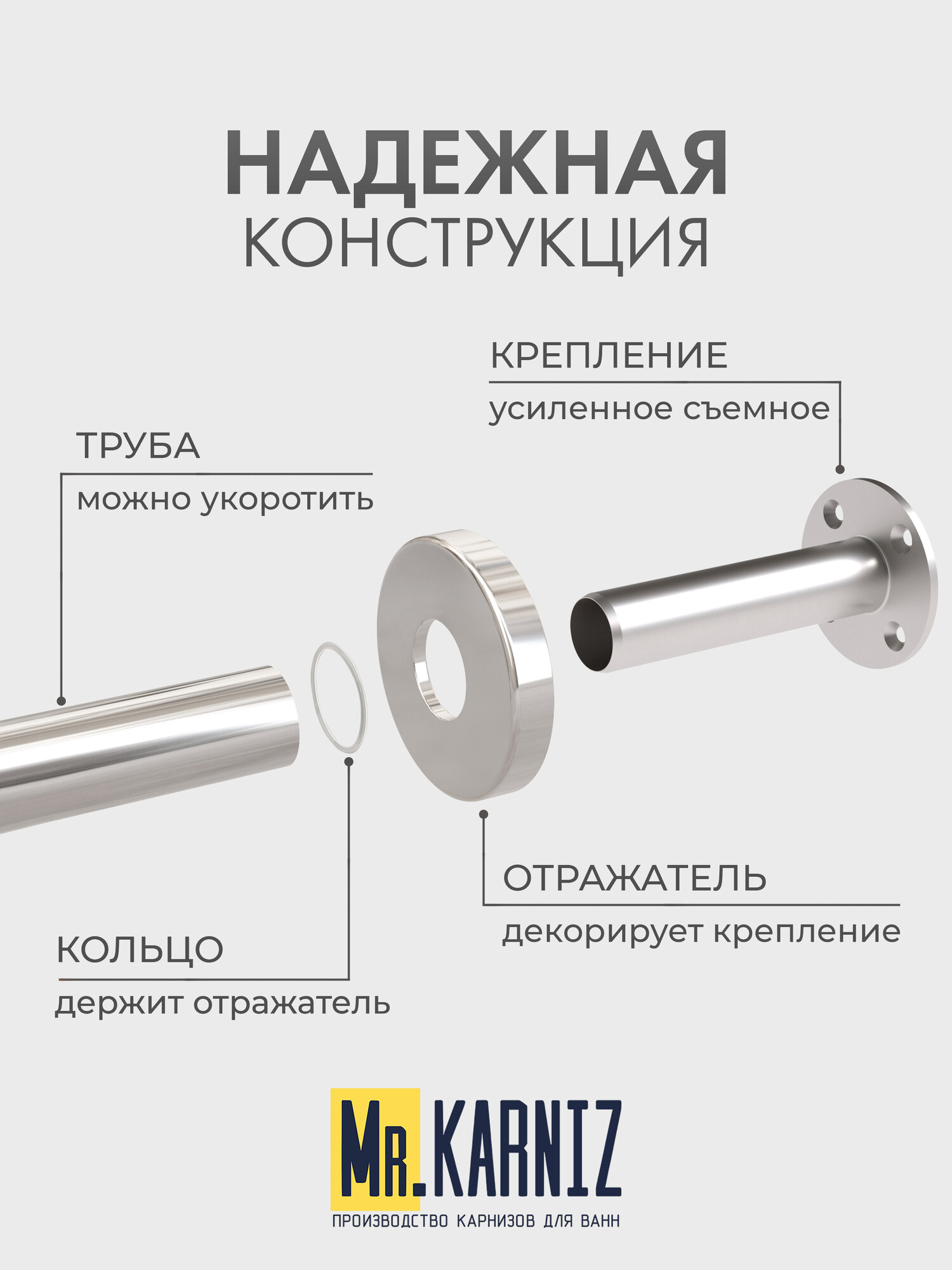 Карниз для Ванной Угловой 120х110 см, Г образный, Труба 20 мм, Отражатели SLIM, Хром, MrKARNIZ, Усиленный — фото 1