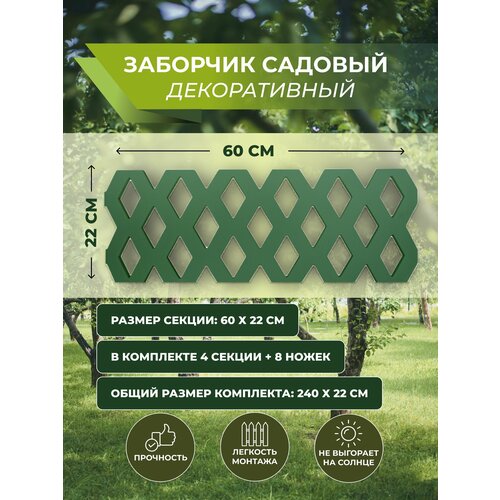 фото Забор декоративный для сада, для клумбы, клумба, 240х30 см, пластиковый, зеленый poisk