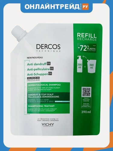 Изображение товара Шампунь-уход против перхоти Vichy Dercos для норм и жирных волос, 390 мл (рефил)