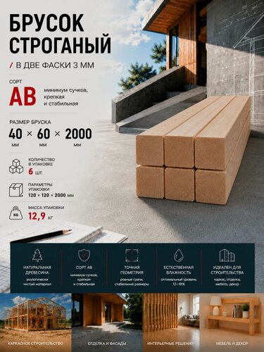 Изображение товара Брусок строганый 2 Фаски 3 мм сорт АВ, 40х60х2000, 6шт, хвойных пород