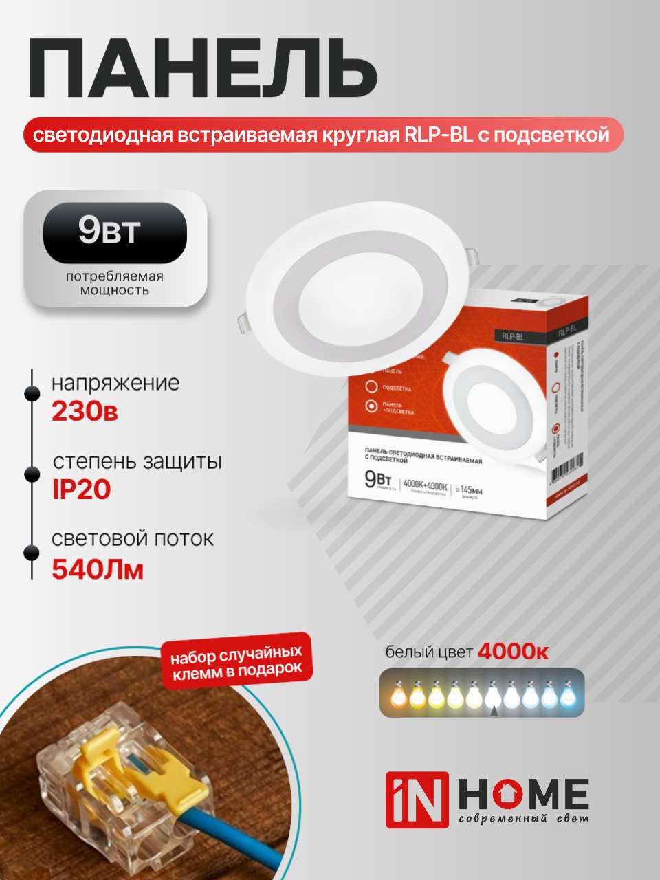 Панель светодиодная встраиваемая круглая RLP-BL 9Вт 230В 4000К 540Лм 145мм с подсветкой белая IP20 IN HOME