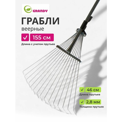 фото Грабли веерные, 15 зуб, металл, grandy, grandy, 15.5-52х120-155 см, раздвижной, черенок металлический, 402505