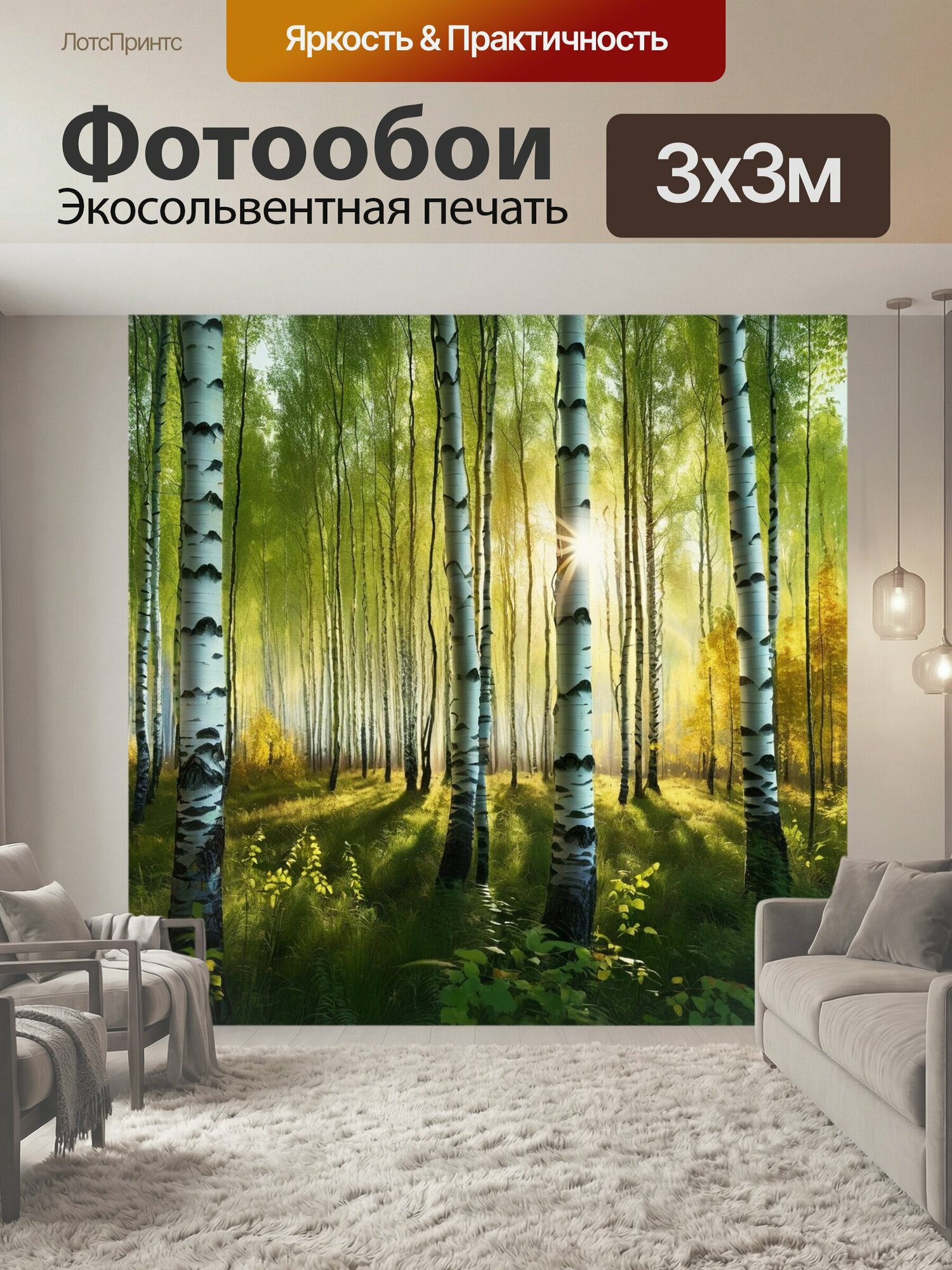 Фотообои "Береза, солнце, чаща лес природа" 300x300 см. экосольвентная печать