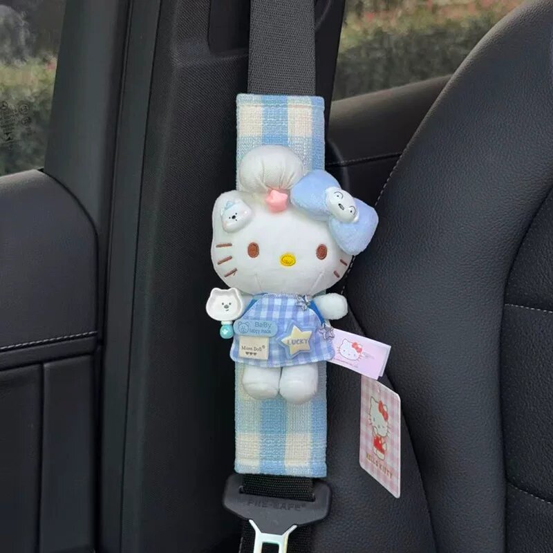 Коврик для ремня безопасности автомобиля HelloKitty с синей клетчатой узором, одна единица