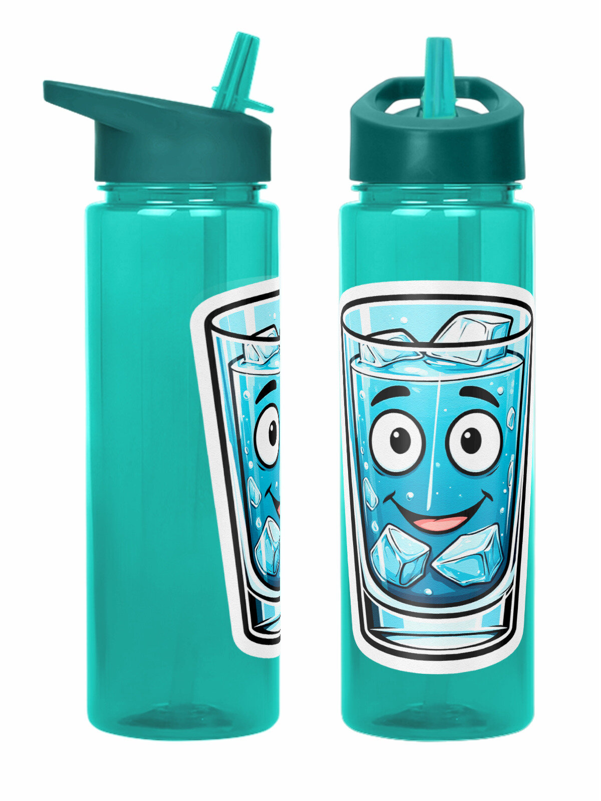 Бутылка бирюзовая для воды с принтом Улыбающийся стакан со льдом