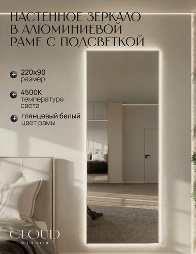 Изображение товара Зеркало 220х90 см. белое с подсветкой. Свет: Нейтральный белый 4500К. В алюминиевой раме интерьерное настенное настенное CLOUD MIRROR