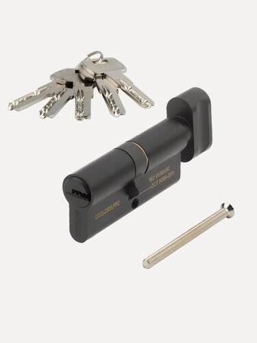 Изображение товара Личинка замка двери Apecs SM-70-C-BLM, 70 мм, с заверткой, черная. Надежный цилиндровый механизм для входных дверей