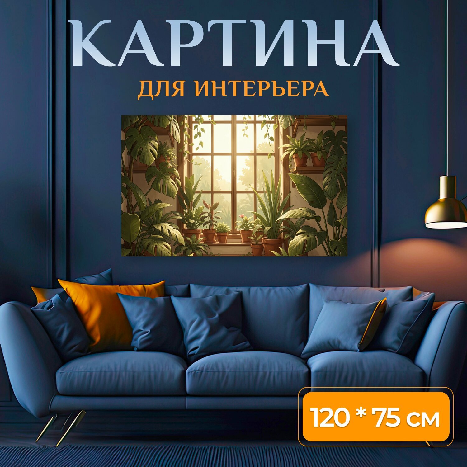 Картина на холсте "Уютная оранжерея у окна. Солнечный интерьер с множеством комнатных растений, свисающими лианами и глиняными горшками у." на подрамнике 120х75 см. для интерьера