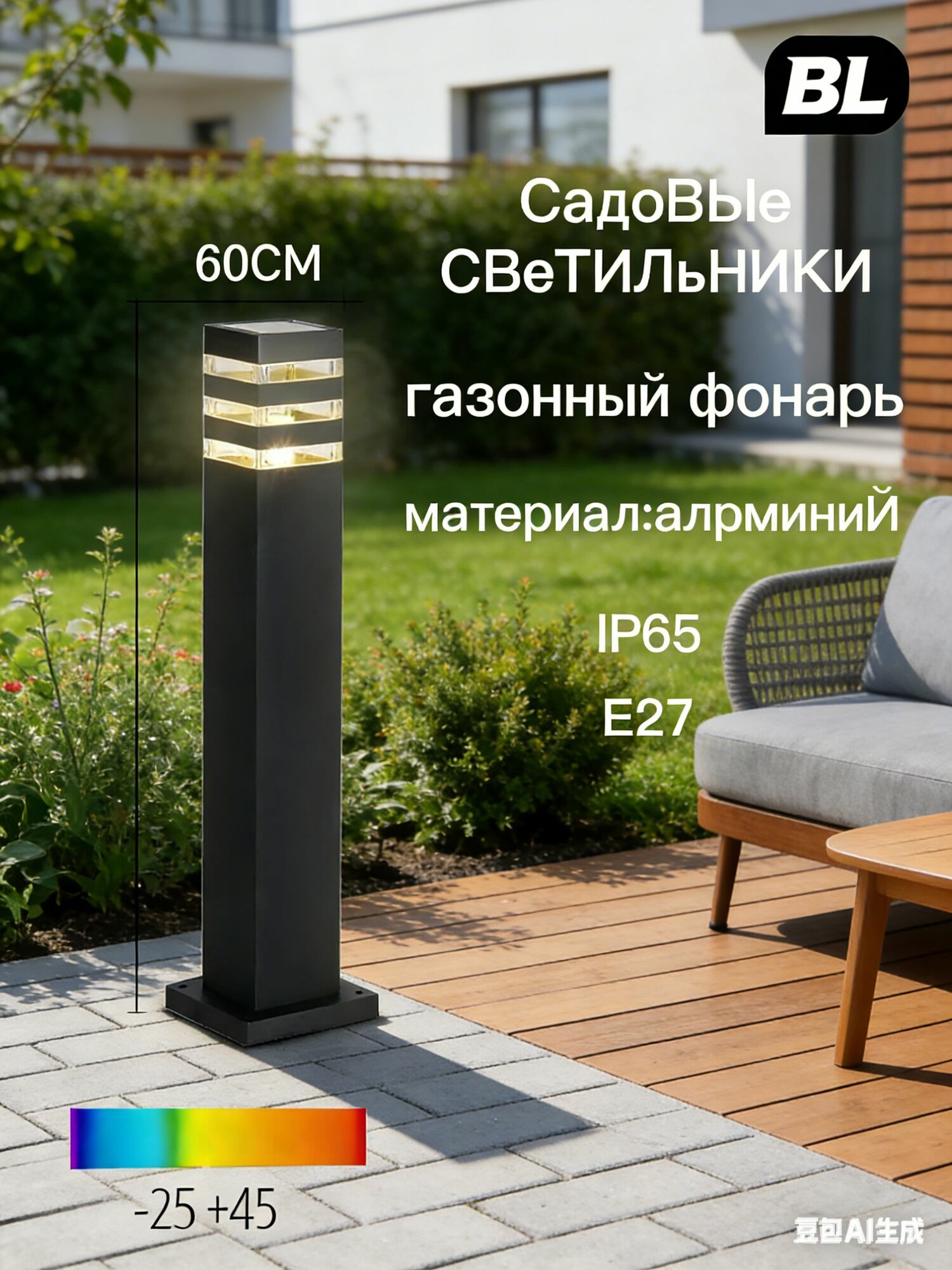 Садовый газонный фонарь высотой 60 см из алюминия, защита IP65, патрон E27 для уличного освещения дачи и участка