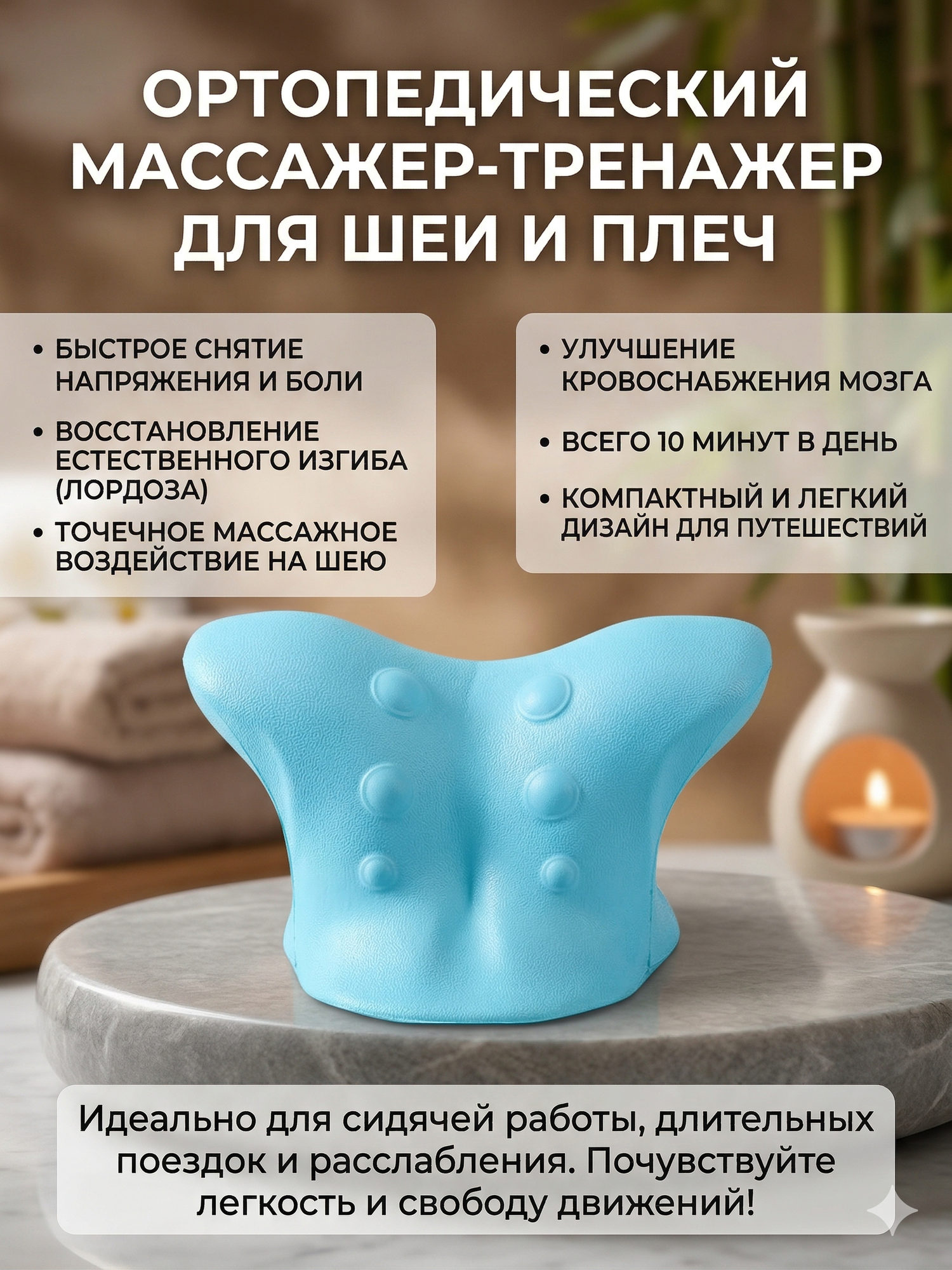 Ортопедическая подушка массажер для шеи и плеч / Валик тренажер для спины от остеохондроза / Вытяжитель шейного отдела