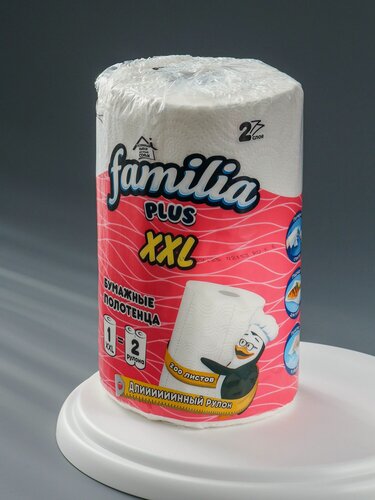 Изображение товара Бумажные полотенца Familia XXL 2 слоя, 1 рулон, 24 метра, белые, с перфорацией, 200 листов, производство Россия