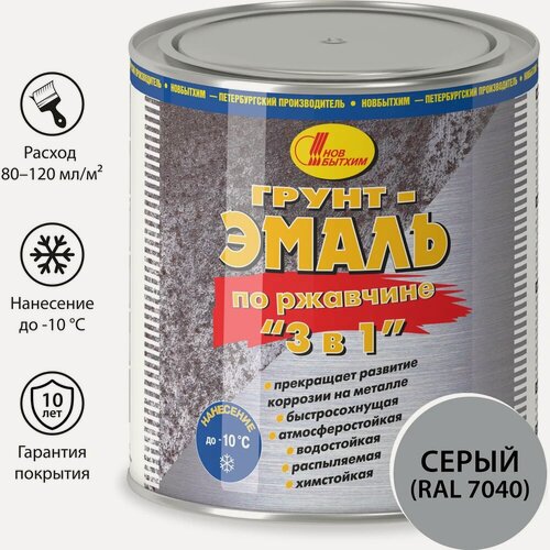 Изображение товара Грунт-эмаль по ржавчине Новбытхим 3 в 1, серая, RAL 7040 2,7 л 3387