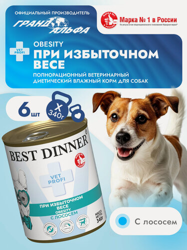 Изображение товара Влажный диетический корм Best Dinner (Бест Диннер) Vet Profi Obesity для собак при для снижения и контроля избыточной массы тела Лосось (6шт х 340гр)