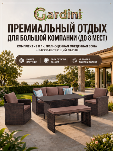 Изображение товара Комплект садовой мебели из искусственного ротанга Римини Классик-7 (диван, 2 кресла, стол, скамья), цвет шоколад