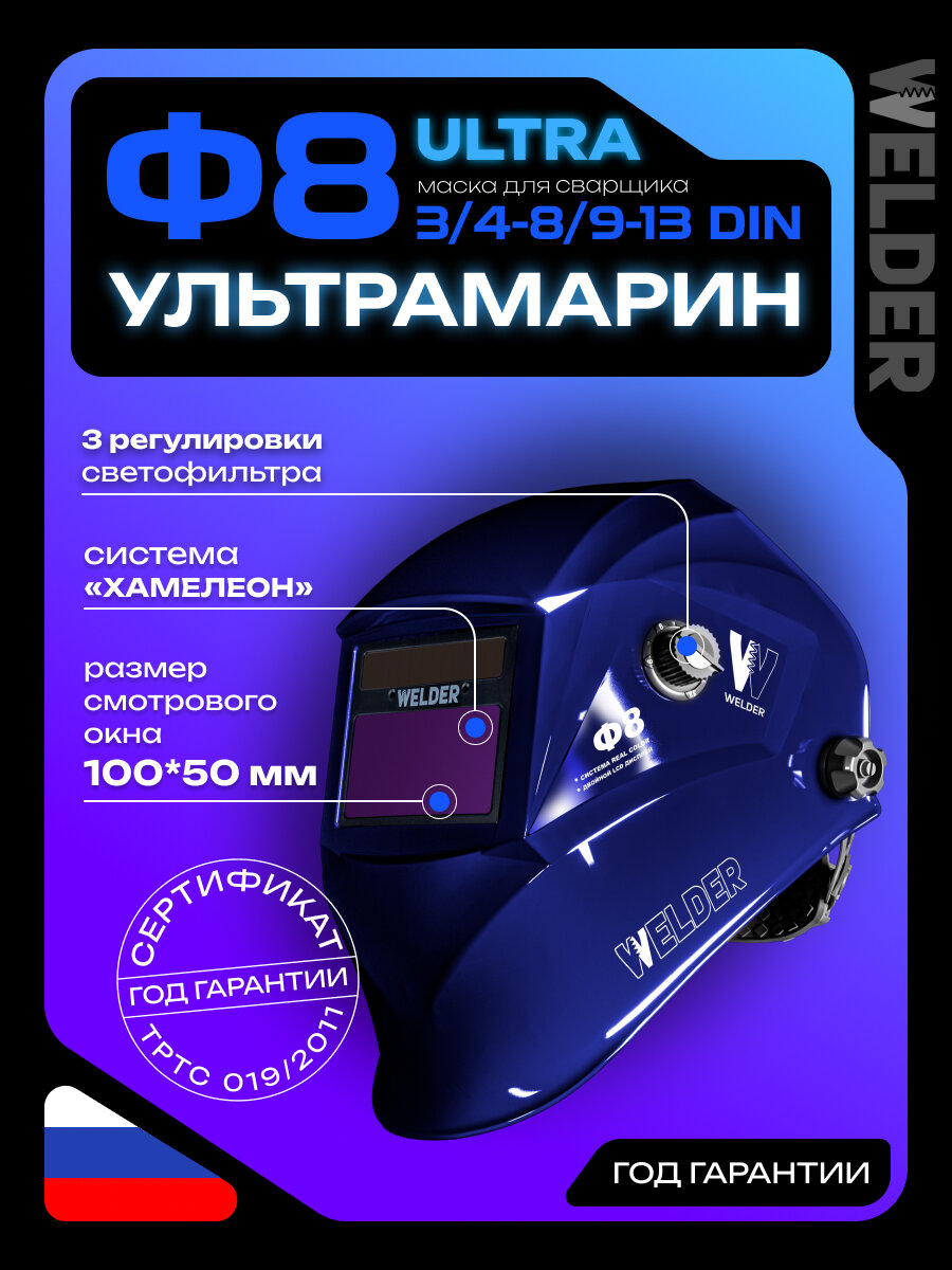 Маска сварочная WELDER ULTRA Ф8 Хамелеон 100x50 мм, DIN 3/4-8/9-13, (Внешняя регулировка), ультрамарин
