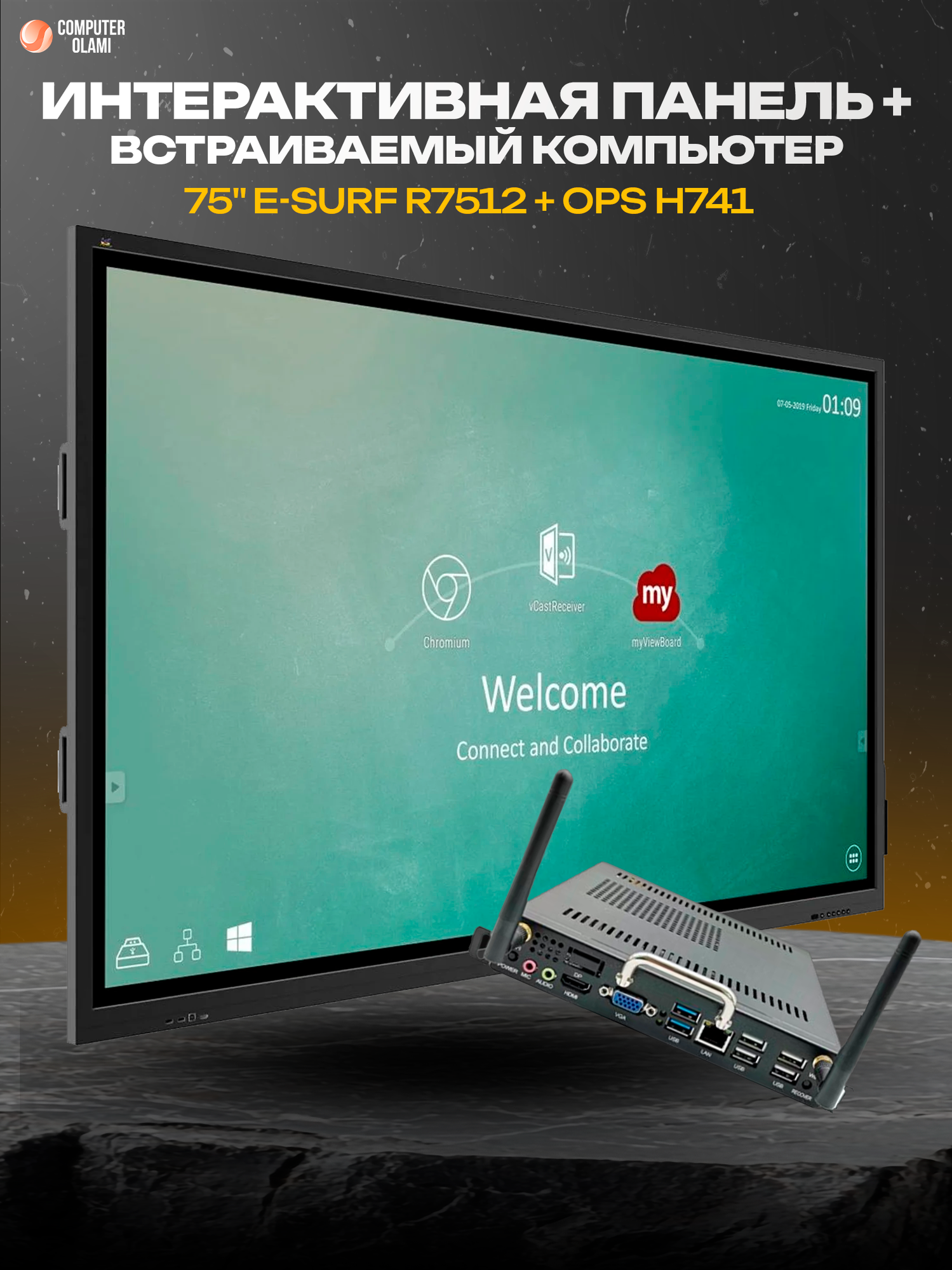 Интерактивная панель e-SURF R7512 75 дюймов 4K с OPS ПК H741 для обучения и бизнеса