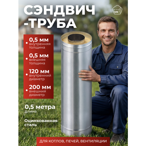фото Сэндвич-труба для дымохода 0,5 м, 120х200, aisi 430/оц, 0,5 мм/0,5 мм, (к) gs pro