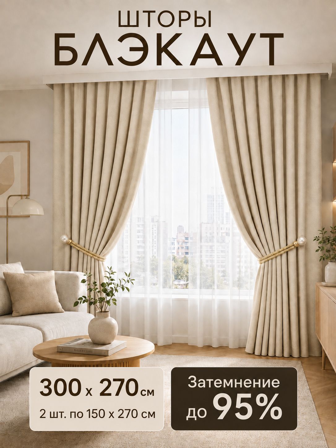 Шторы блэкаут светло-бежевые комплект 300х270 см 2 шт длинные портьеры для спальни гостиной