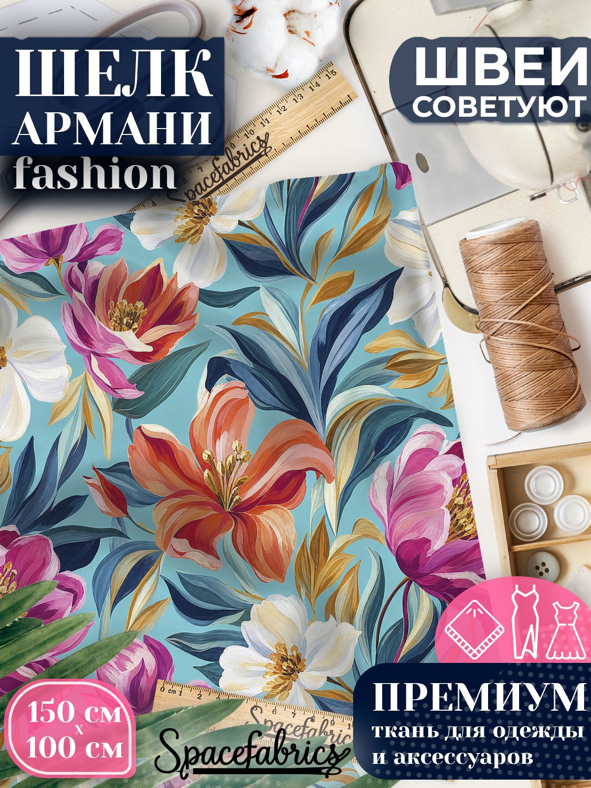 Ткань для шитья шелк Армани, искусственный атлас шелк для костюмов, платьев, юбок с принтом Лилии и пионы
