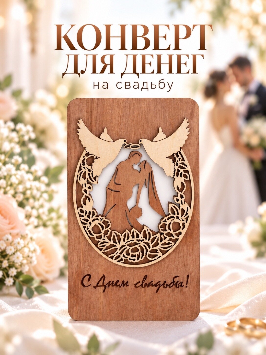 Деревянный конверт для денег на свадьбу l Cвадебный подарок Молодоженам, друзьям, родителям на годовщину свадьбы