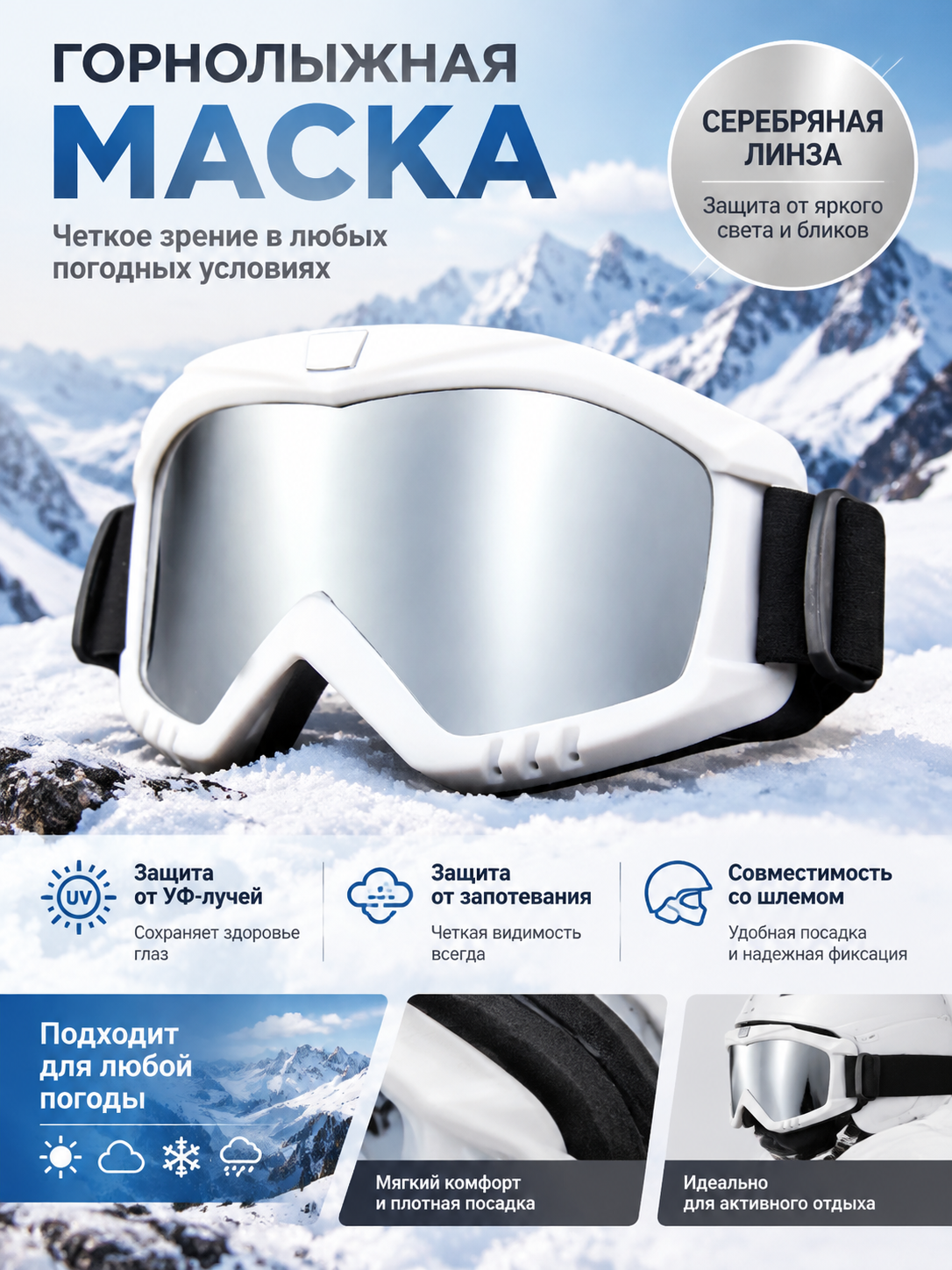 Горнолыжная маска с серебряной линзой и белой оправой, защита от УФ и запотевания