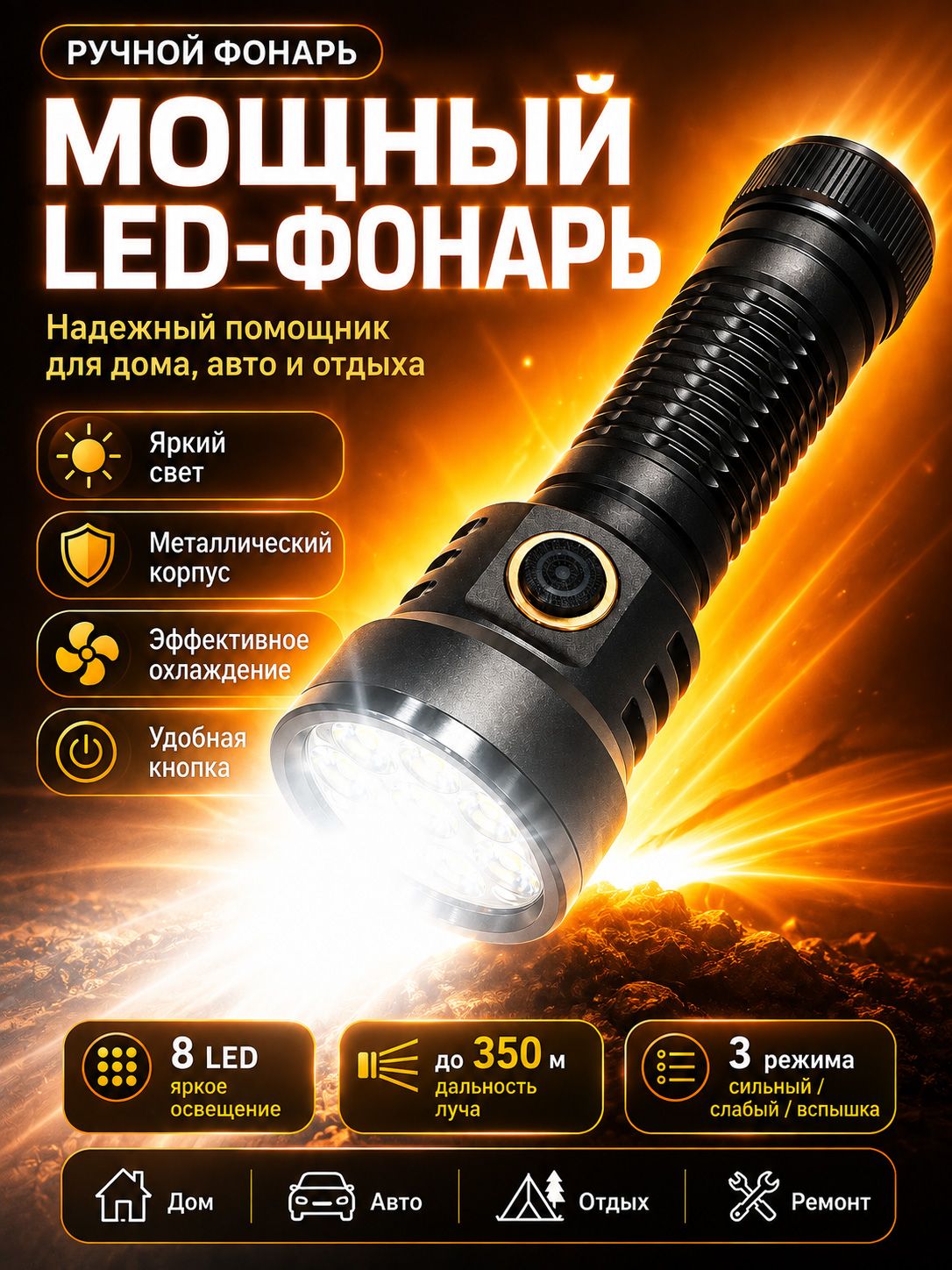 Фонарь аккумуляторный мощный прожектор 8 LED, светодиодный ручной, 4 режима, Type-C