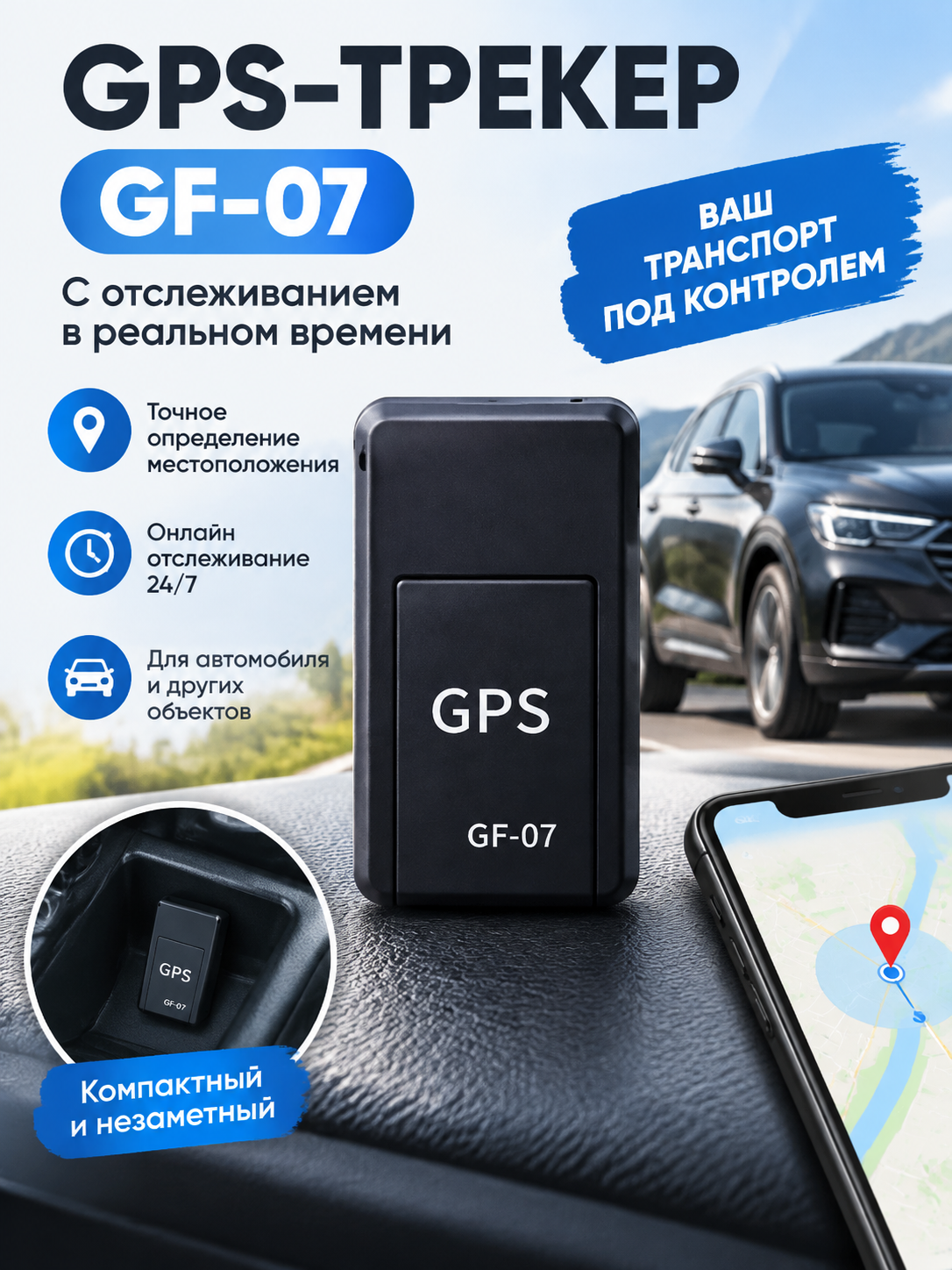 GPS-трекер GF-07, с отслеживанием в реальном времени, для автомобиля