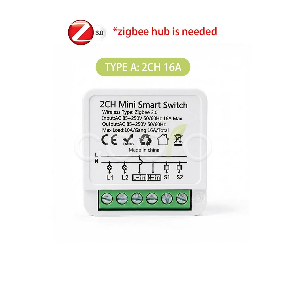 Coolio Модуль Реле Tuya ZigBee 10А/16А 1/2/3 Каналов 2CH 16A
