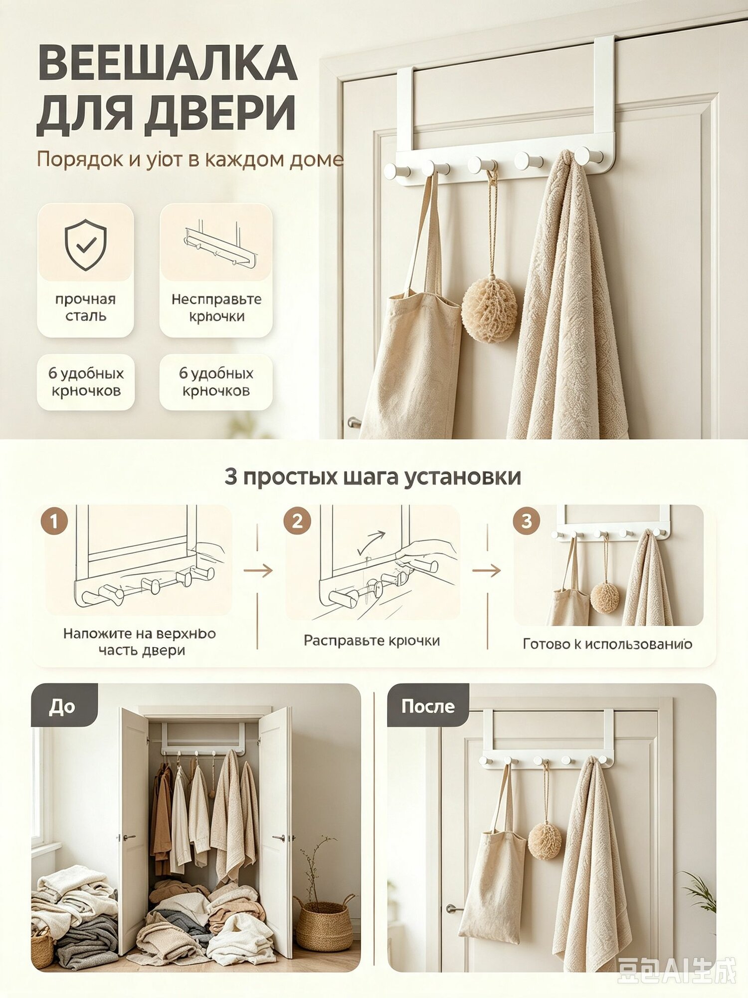 Вешалка для двери белая, стальная, 6 крючков IKEA ENUDDEN-