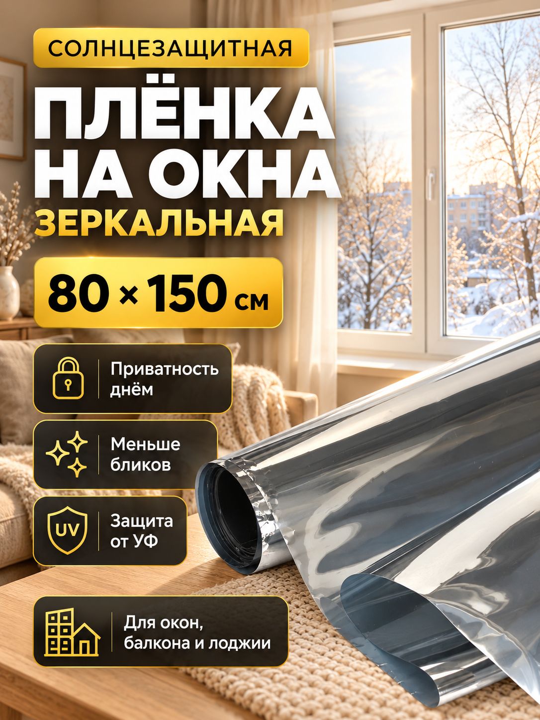 Солнцезащитная пленка для окон 800 мм х 150 см / Штора декоративная зеркальная, светоотражающая для защиты от солнца 80х150 см тонировочная