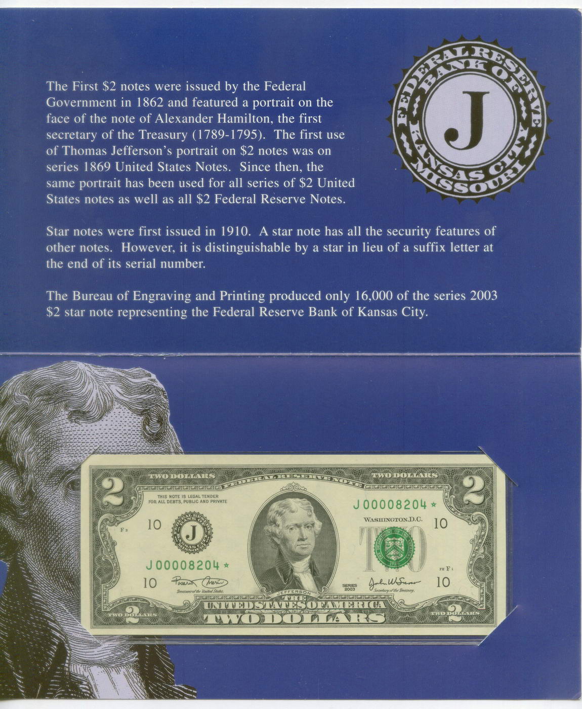 Банкнота США 2 доллара 2003 J00008204* (Канзас) в буклете. Звездная коллекционная серия, тираж 16000