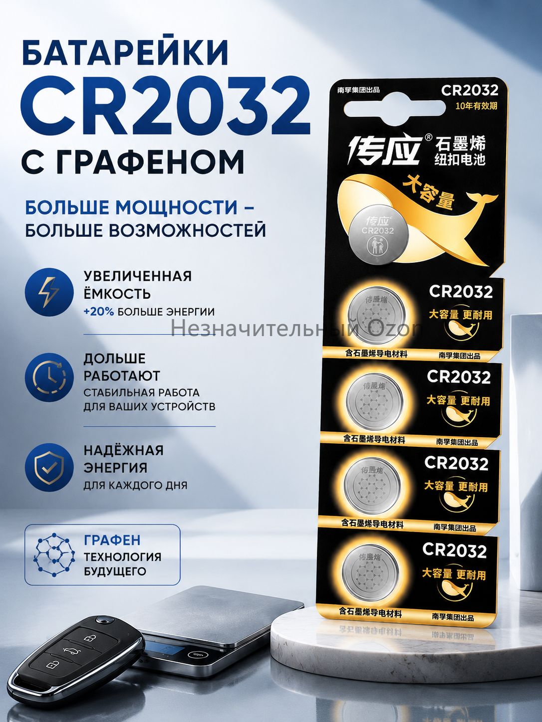 Nanfu Батарейки CR2032, набор из 5 штук, графен, серебристый, до 10 лет эффективности