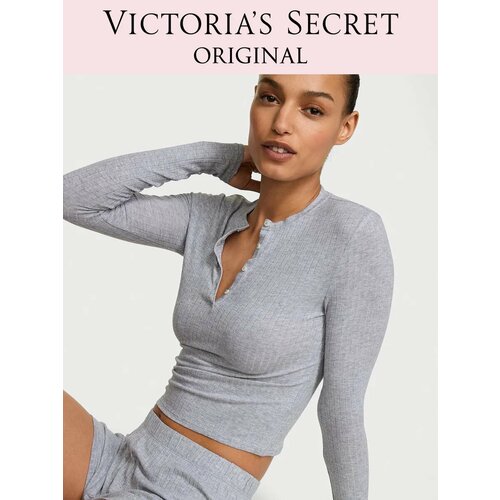 фото Пижама victoria's secret sosoft modal wide-rib long-sleeve henley & shorts set, размер m, серый