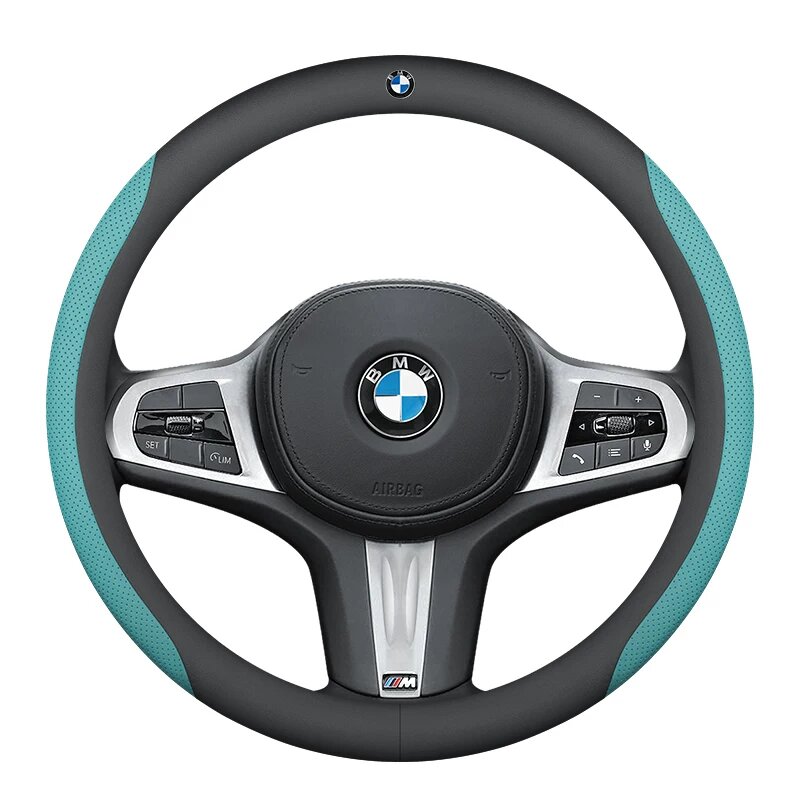 Кожаный чехол для рулевого колеса BMW 3, 5, X1, X2, X3, X4, X5, X6, X7 - Бирюзовый с логотипом