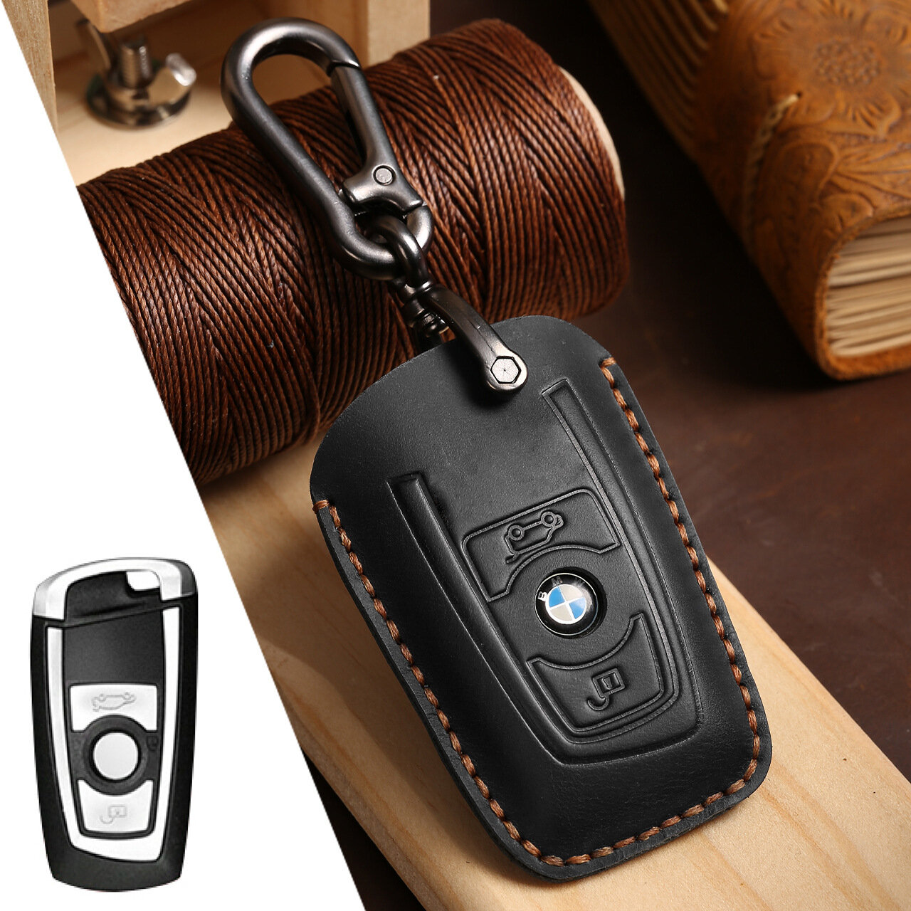 Подлинная кожаная сумка для ключей для BMW X1 X3 7 Series 5 Series 3 Series 2-кнопочные автомобильные ключи - Черный