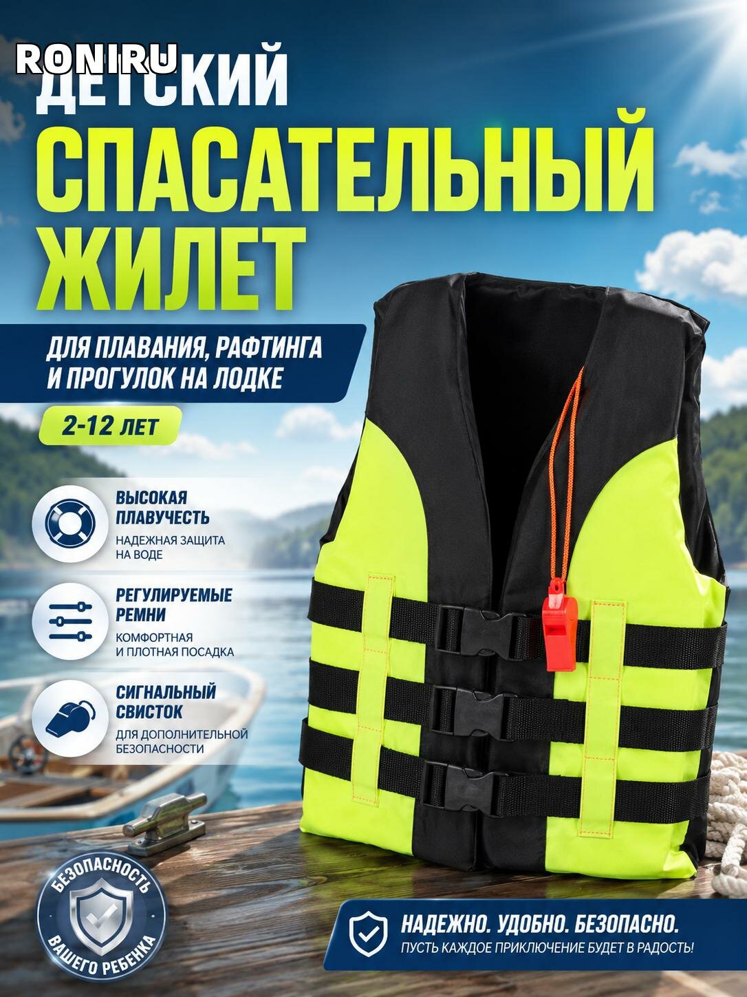 Детский спасательный жилет для плавания, рафтинга и прогулок на лодке с регулируемыми ремнями и свистком 2-12 лет