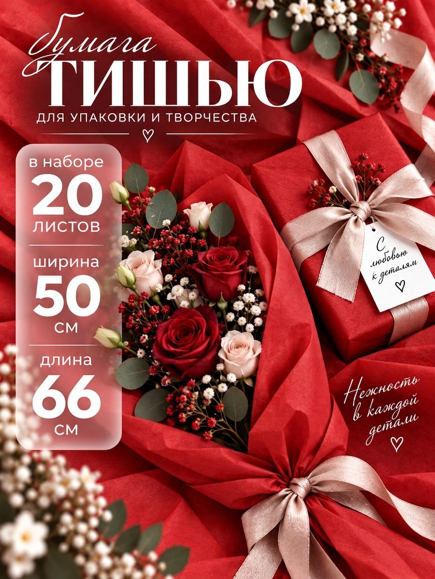 Бумага тишью упаковочная матовая однотонная. Набор 20 листов. Красный №07