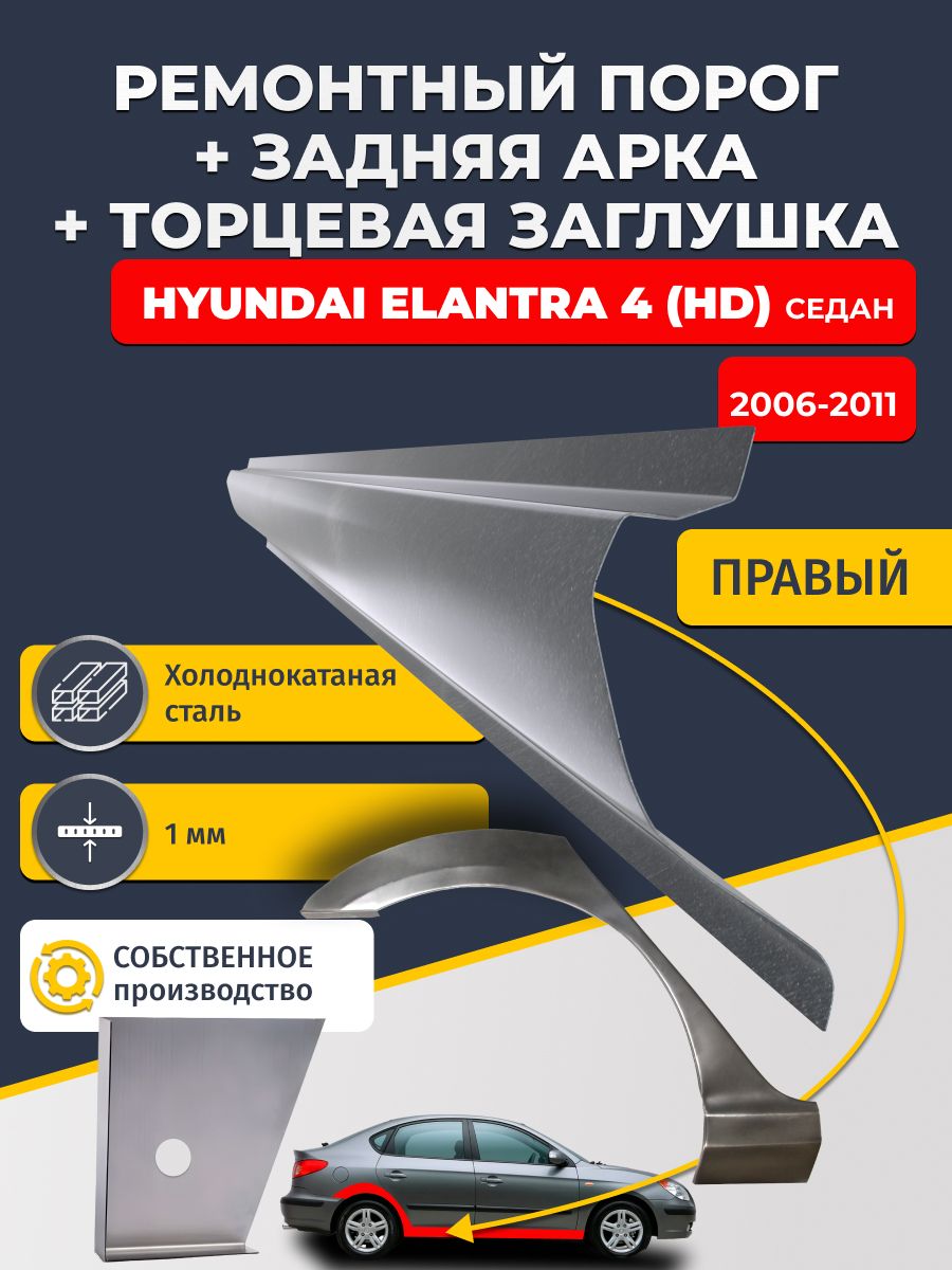 Правая задняя ремонтная арка (0,8 мм) и правый стандартный ремонтный порог (1 мм) + торцевая заглушка (1 мм) на Hyundai Elantra 4 HD 2006-2011 седан (Хендай Элантра 4). Холоднокатаная сталь