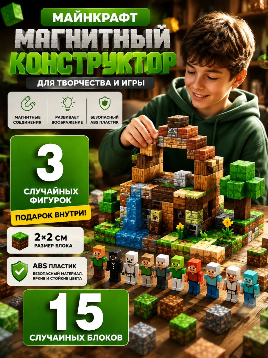 Магнитный (Minecraft). 15 кубиков + 3 фигурок майнкрафт. Магнитные кубики. Подарок. Конструктор.