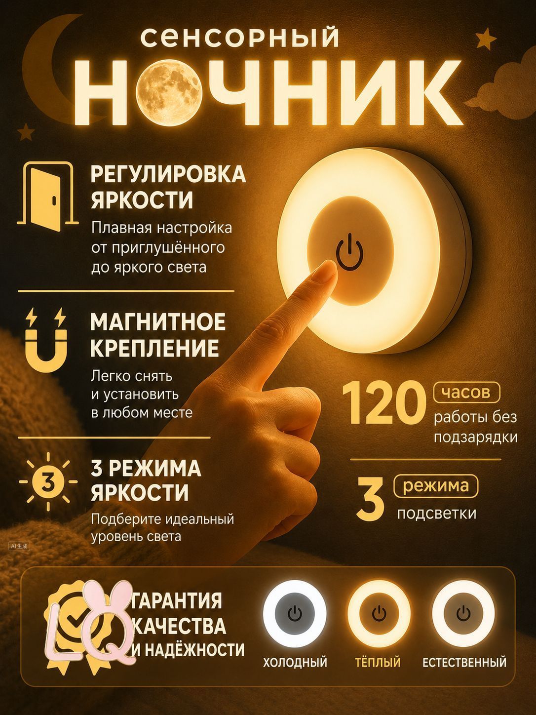Ночник светильник детский светодиодный беспроводной настенный аккумуляторный лампа для чтения