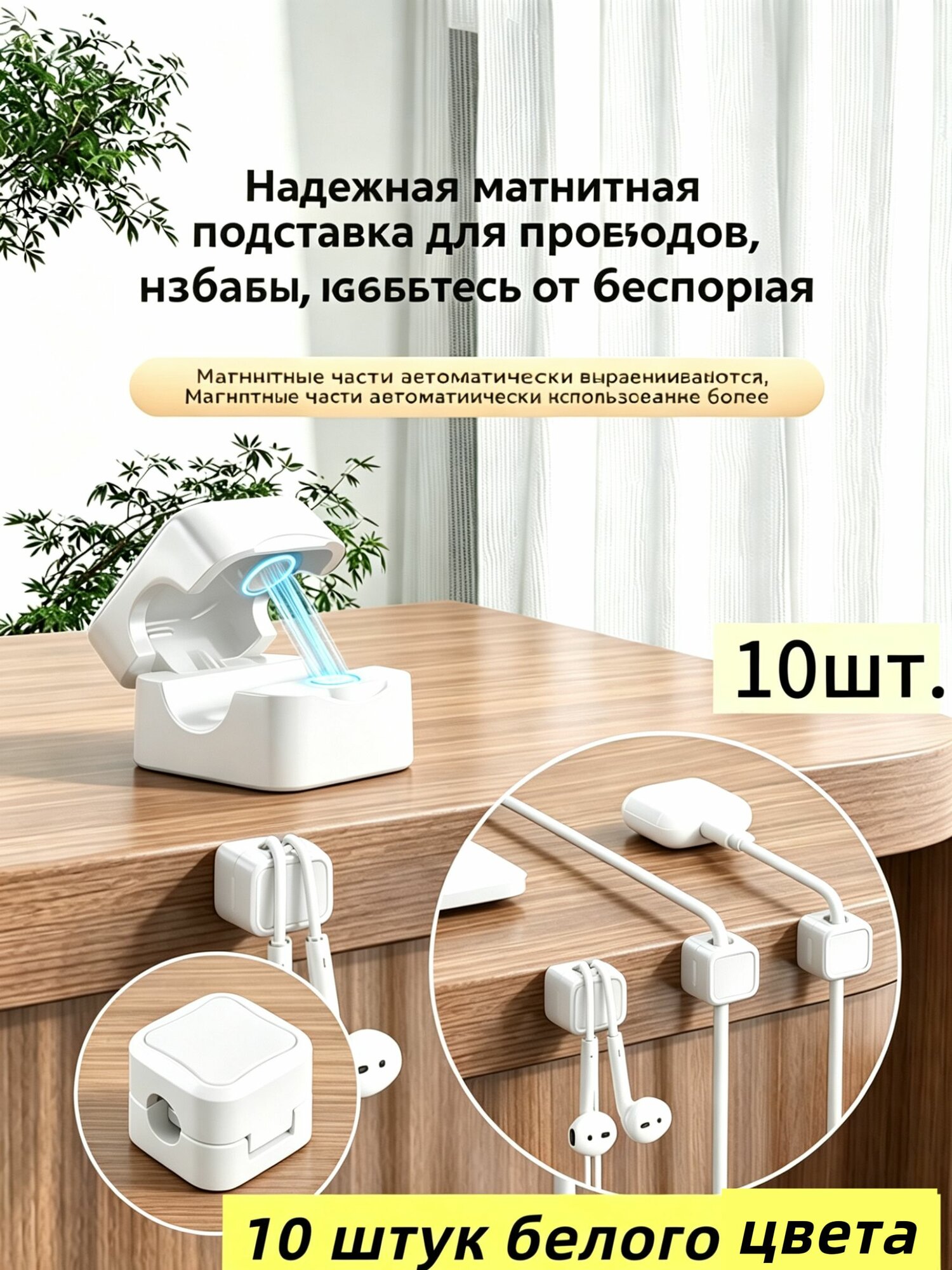 Магнитный держатель для проводов, органайзер кабелей 10 шт для зарядных устройств, на рабочий стол, в машину 10 штук белого цвета